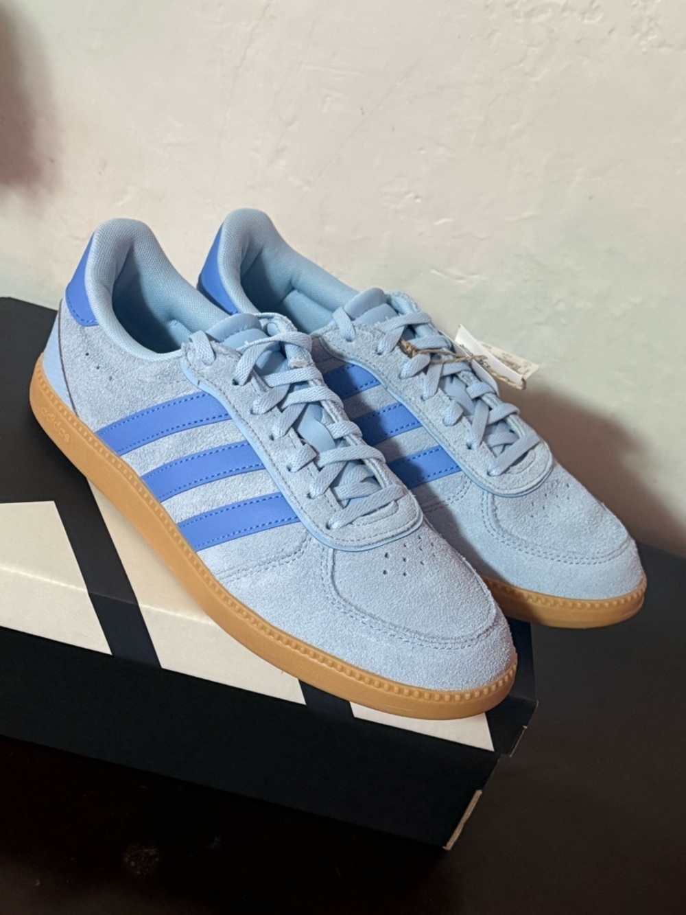 adidas Originals Light Blue Suede Sneakers with Blue Stripes and Gum Sole